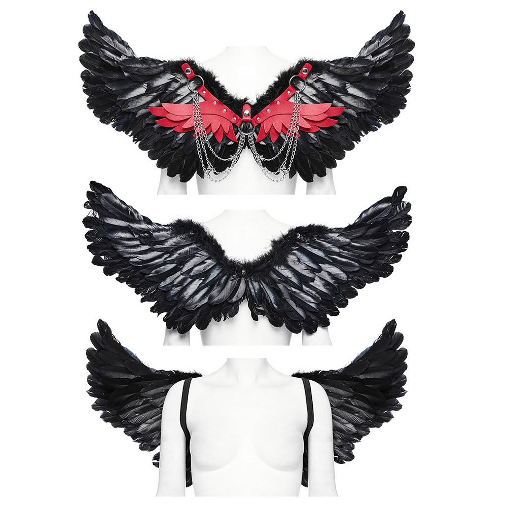 Edgy gothic demon feather wing harness with chains, featuring black and red wings for a striking look.