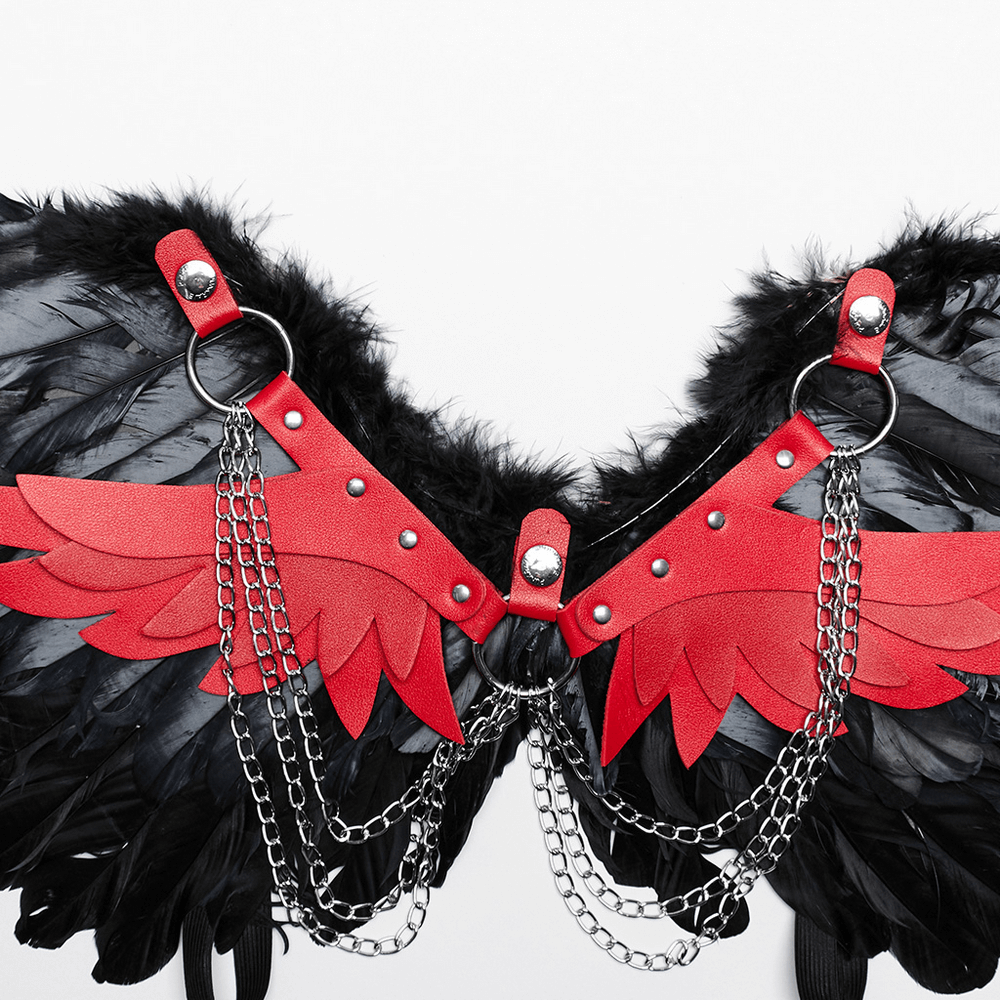 Edgy gothic demon feather wing harness with chains, featuring black and red wings for a darkly stylish flair.