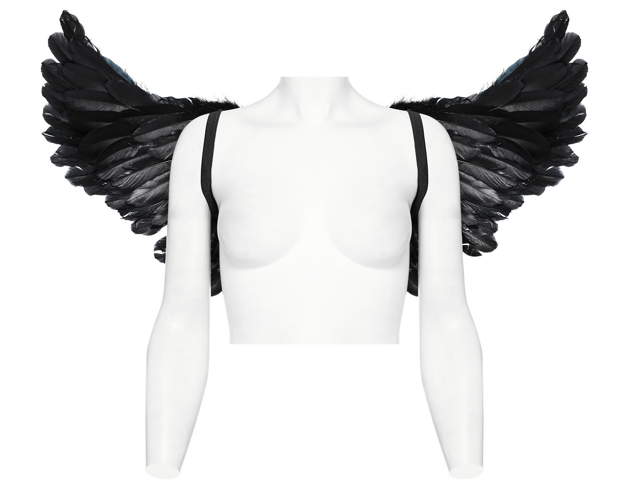 Edgy gothic demon feather wing harness with black raven wings and straps for a striking look.