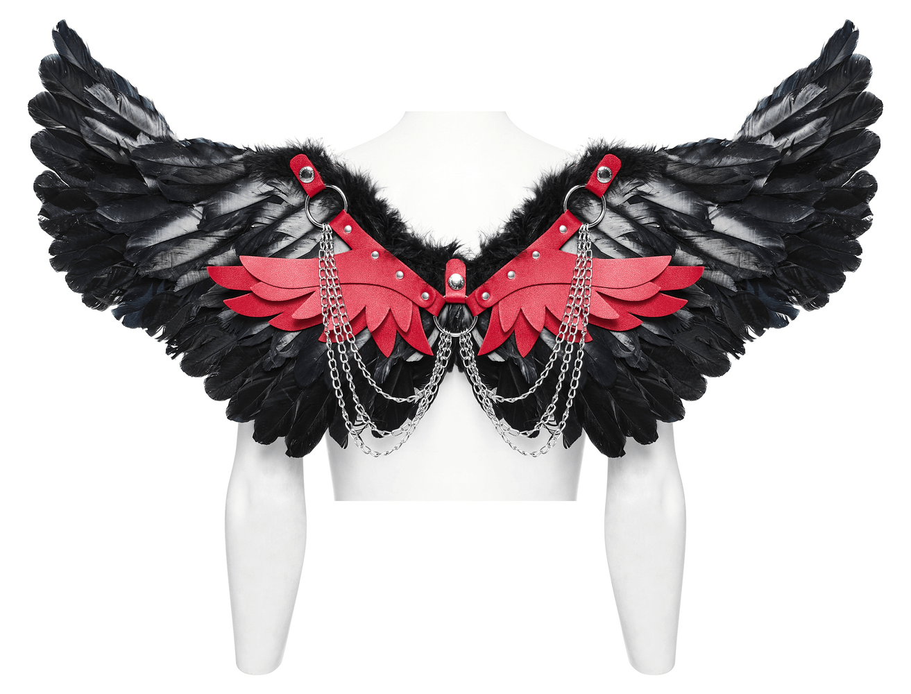 Edgy gothic demon feather wing harness with chains, featuring striking black and red design for a bold, dark style.