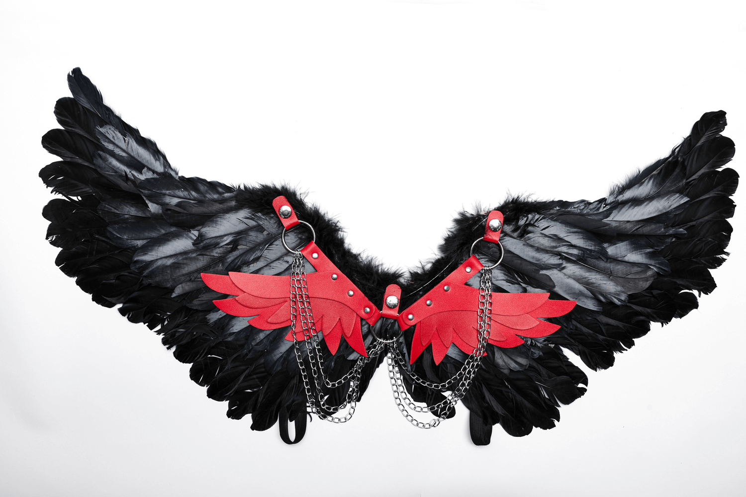 Edgy Gothic demon feather wing harness with red accents and chains, perfect for punk and dark styles.