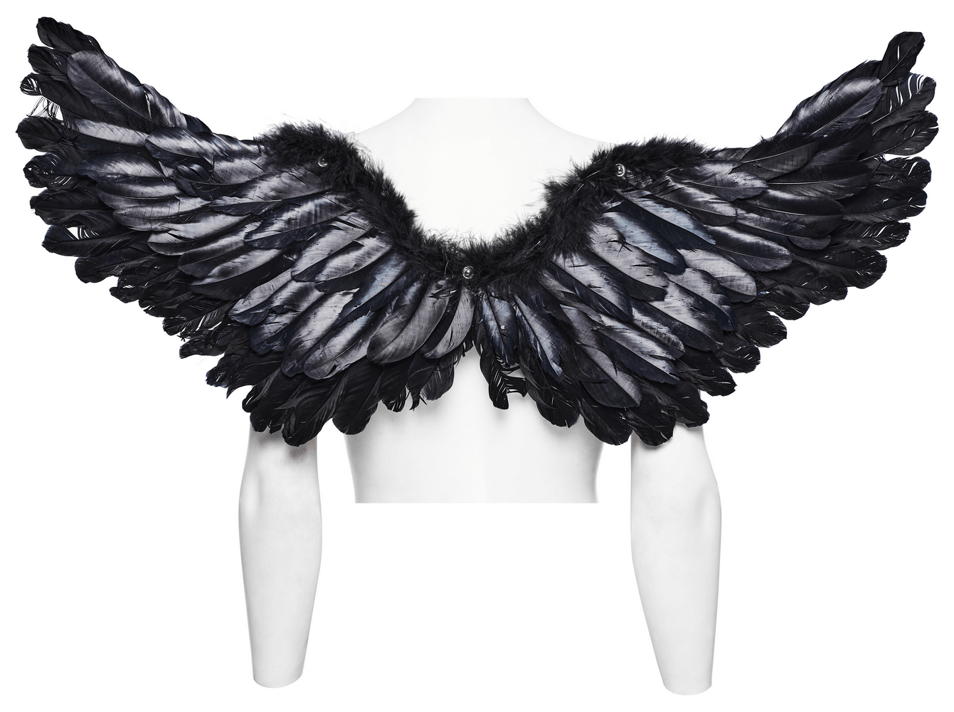 Edgy Gothic black raven wings harness with feathers and chains for punk and stylish looks.