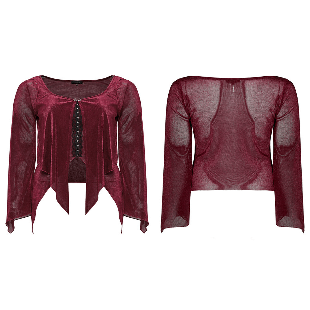 Edgy burgundy gothic two-piece top with hooks and mesh layers, perfect for elevating your gothic wardrobe style.