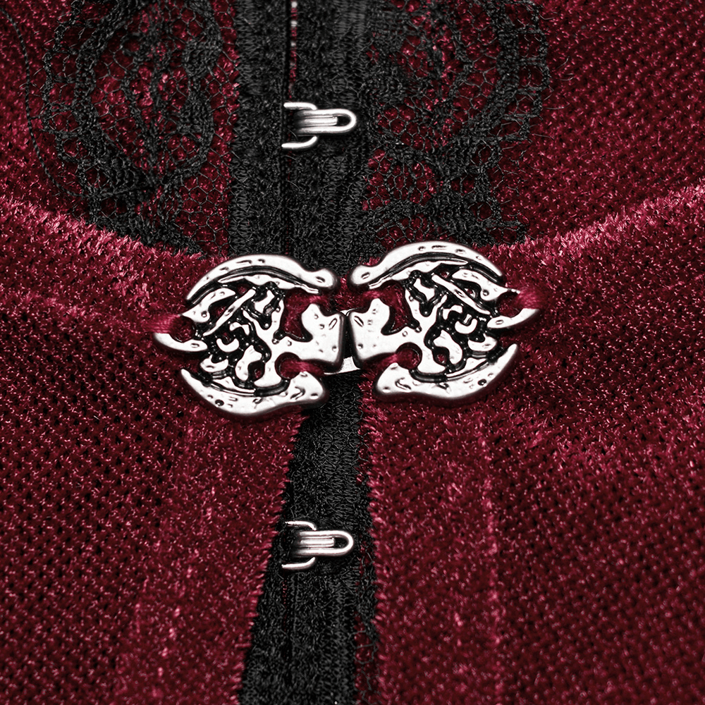 Close-up of ornate silver clasps on burgundy gothic elastic mesh top with intricate lace detailing.
