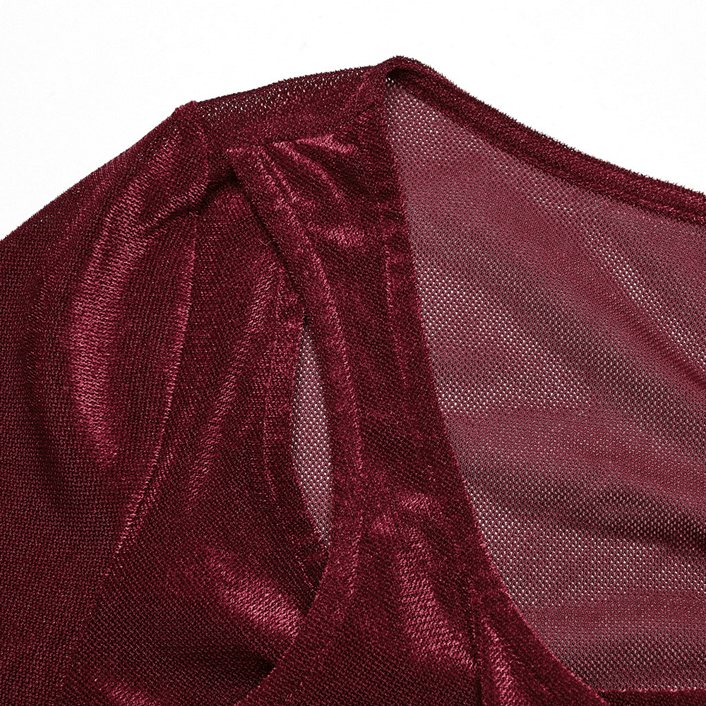 Close-up of burgundy elastic mesh fabric showing detail of gothic top's neckline and texture.