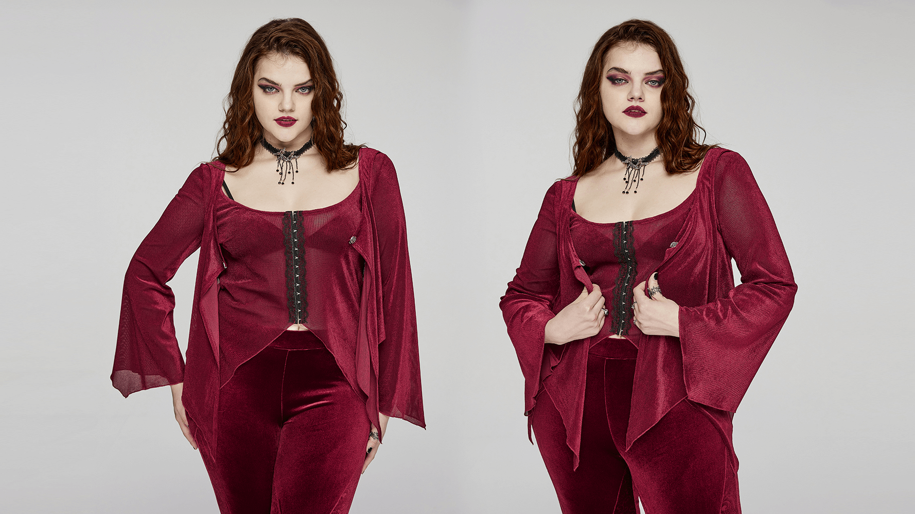 Edgy gothic burgundy elastic mesh two-piece top with lace hooks, showcasing stylish open-front design.