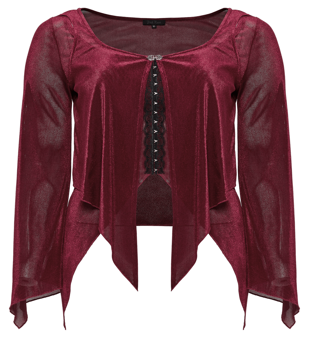 Edgy burgundy gothic elastic mesh top with intricate lace hooks and unique two-piece design.