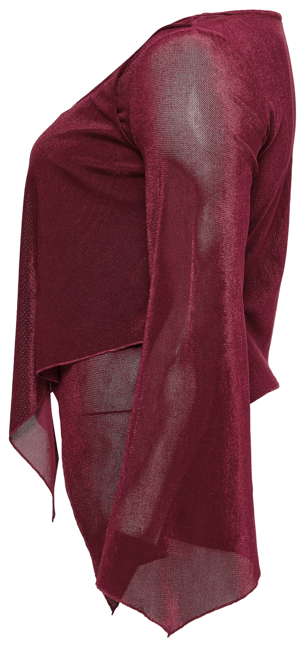 Edgy burgundy gothic elastic mesh top showcasing unique two-piece design and intricate lace hooks.