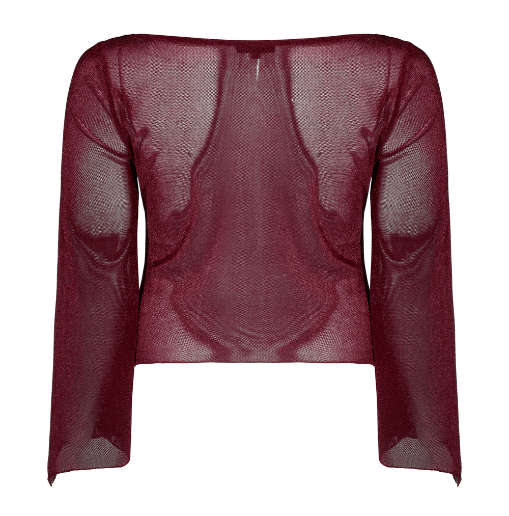 Stylish burgundy gothic top for women with long sleeves and mesh fabric, perfect for edgy fashion lovers.