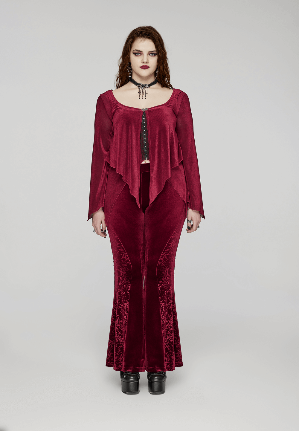 Burgundy gothic two-piece top and pants set featuring lace hooks and elegant design for an edgy, stylish look.