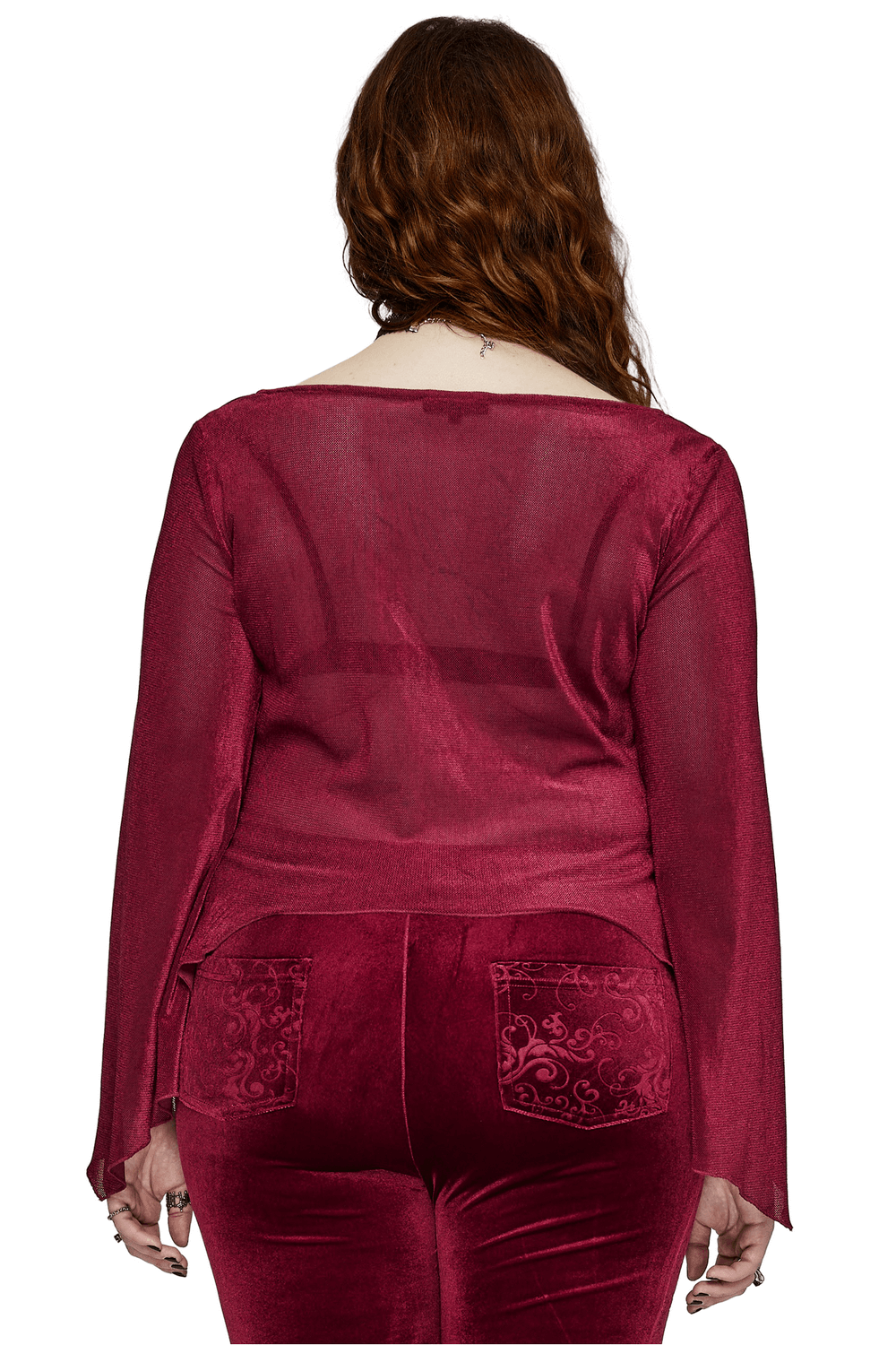 Back view of a burgundy Gothic elastic mesh top paired with velvet bottoms, showcasing unique styling and intricate texture.