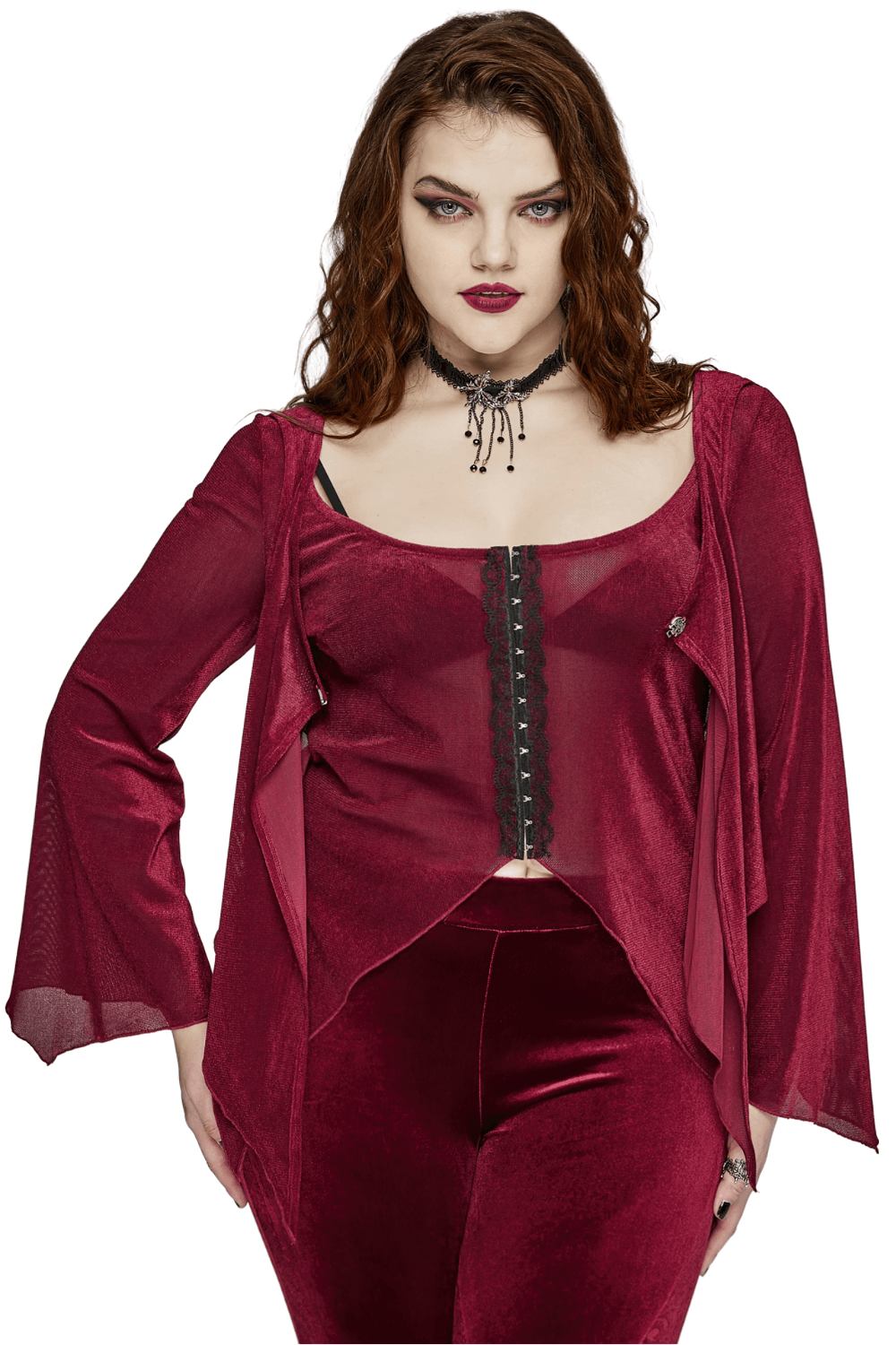 Burgundy gothic two-piece top with mesh layers and lace hooks, perfect for edgy style.