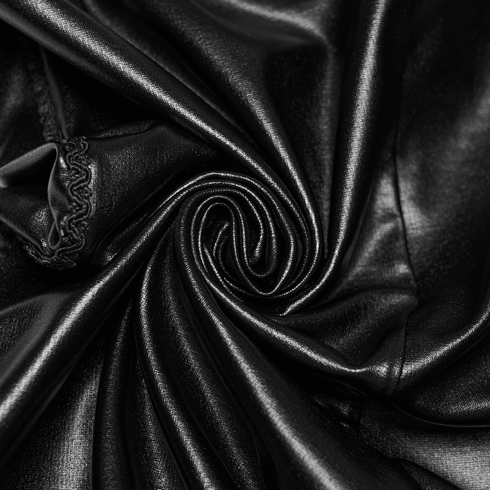 Edgy Gothic Lace Up Mesh Rubberized Leggings for Women close up of black rubberized fabric with lace detail.