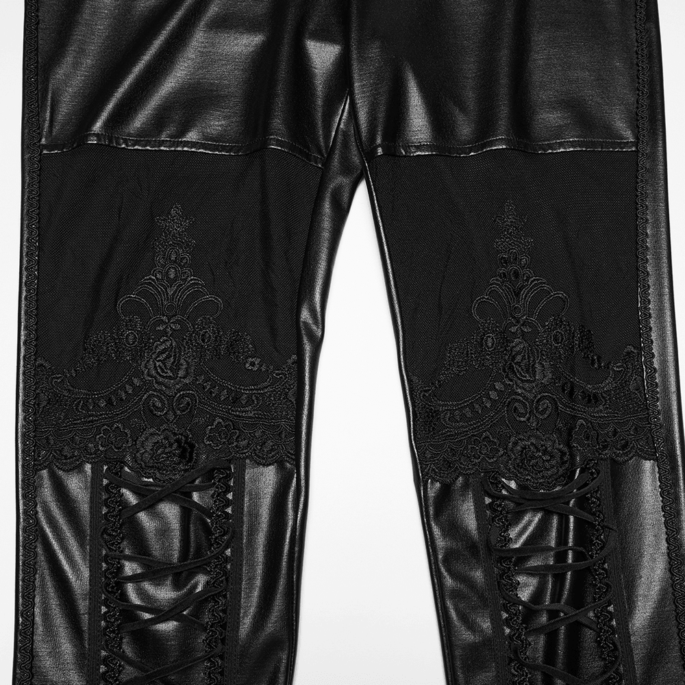 Edgy Gothic Lace Up Mesh Rubberized Leggings for Women showcasing gothic lace mesh detail and lace-up legs.