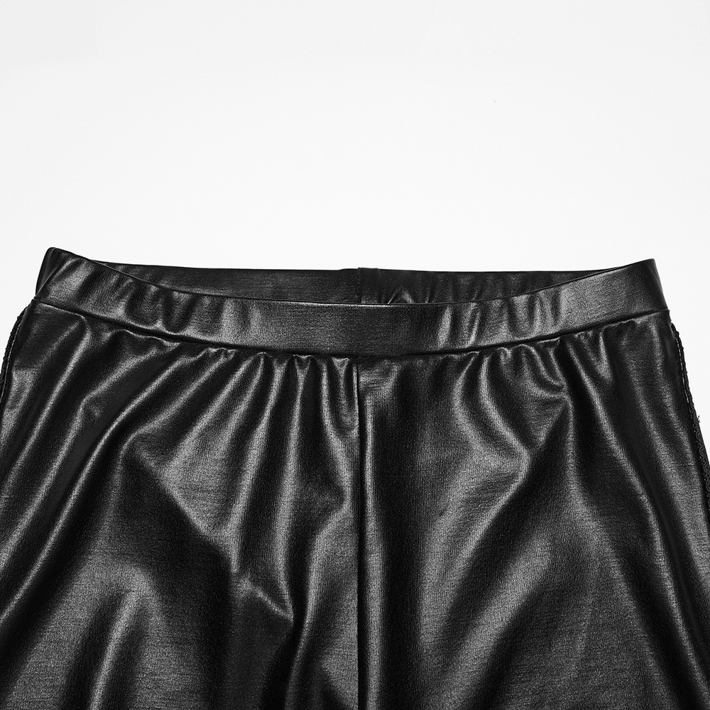 Edgy Gothic Lace Up Mesh Rubberized Leggings for Women close-up view of glossy black fabric