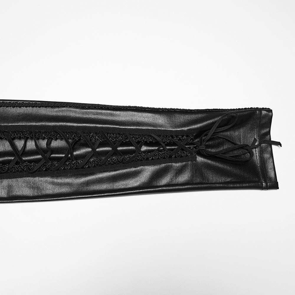 Edgy Gothic Lace Up Mesh Rubberized Leggings for Women - close-up of lace detail and drawstring.