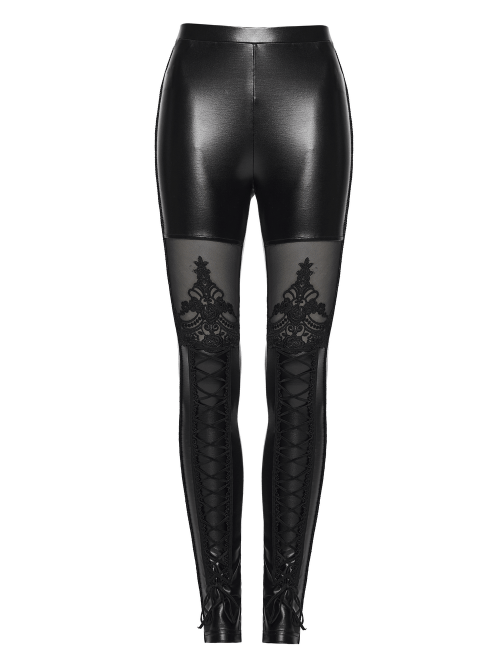 Edgy Gothic Lace Up Mesh Rubberized Leggings for Women in black with lace mesh detail and lace-up front.