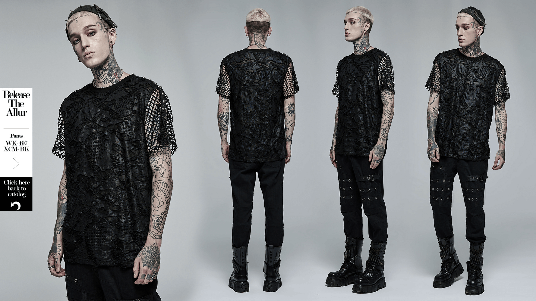 Edgy Gothic Mesh Layered Tee featuring unique mesh overlay and textured arm details, perfect for a bold urban look.