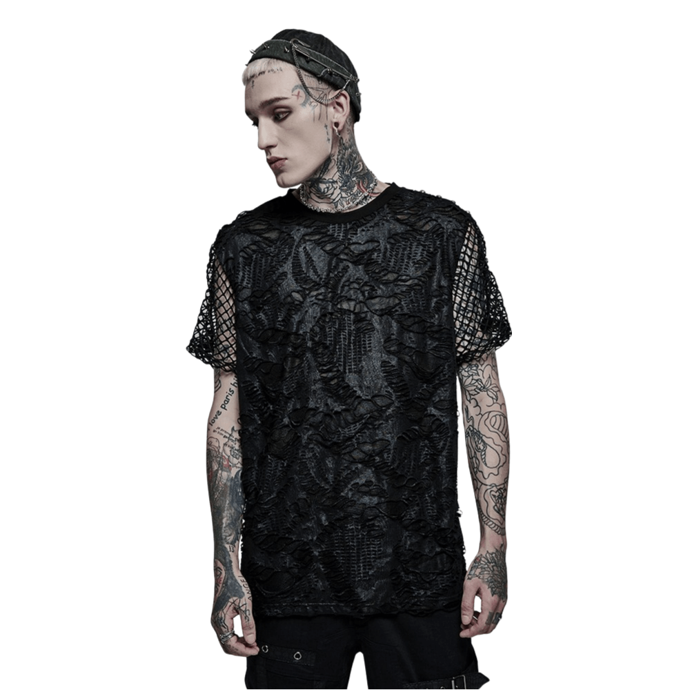 Edgy Gothic Mesh Layered Tee with unique overlay and textured arm adornments for a bold urban style.