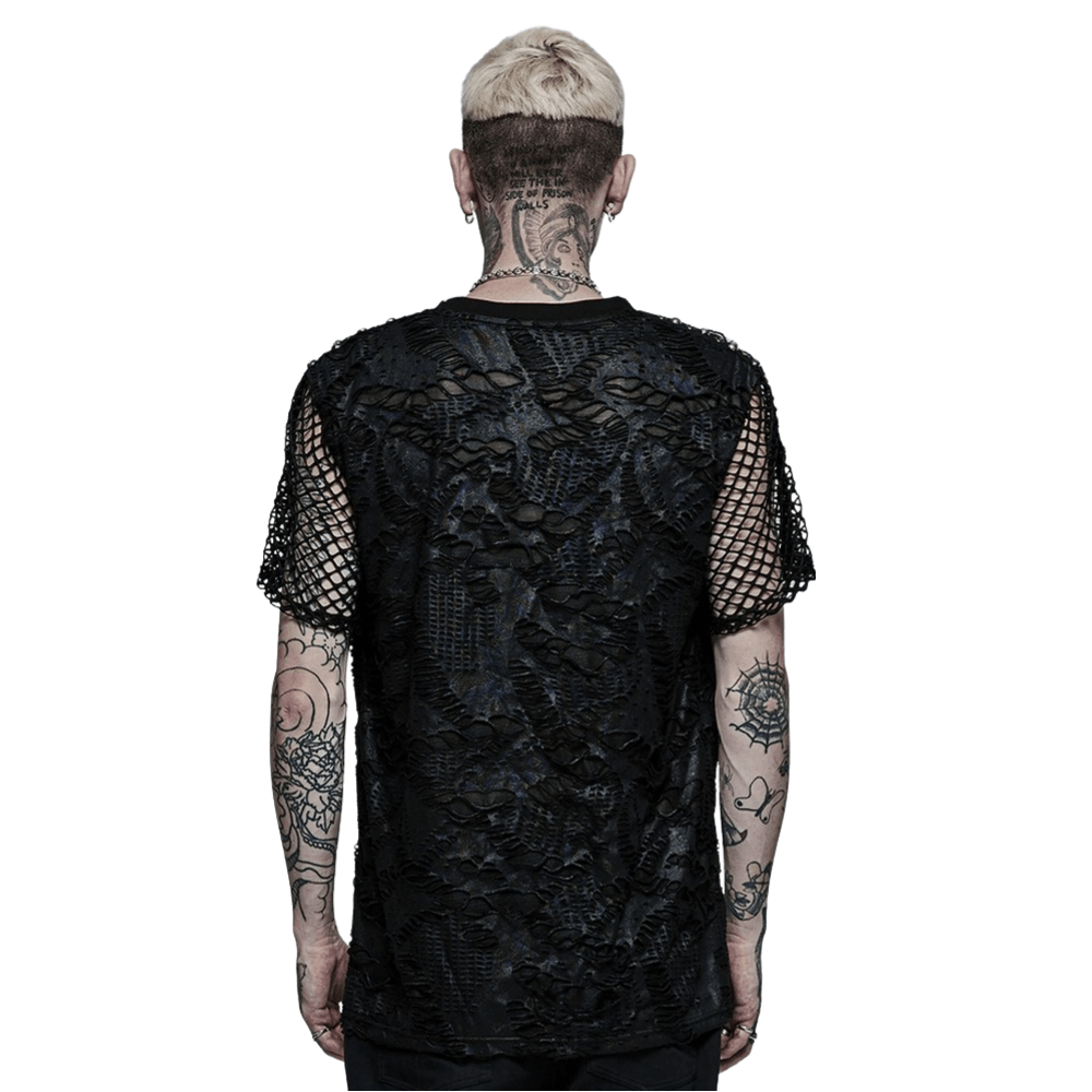 Edgy Gothic Mesh Layered Tee showcasing intricate back design with textured mesh and knitted fabric, perfect for a bold urban look.