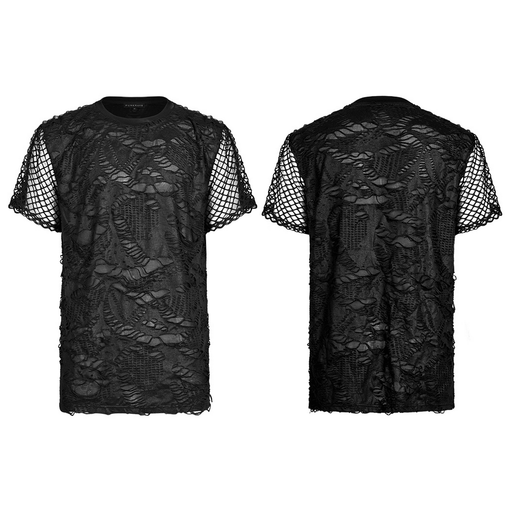 Edgy Gothic Mesh Layered Tee showing unique overlay and textured arm adornments in a loose, comfortable fit.