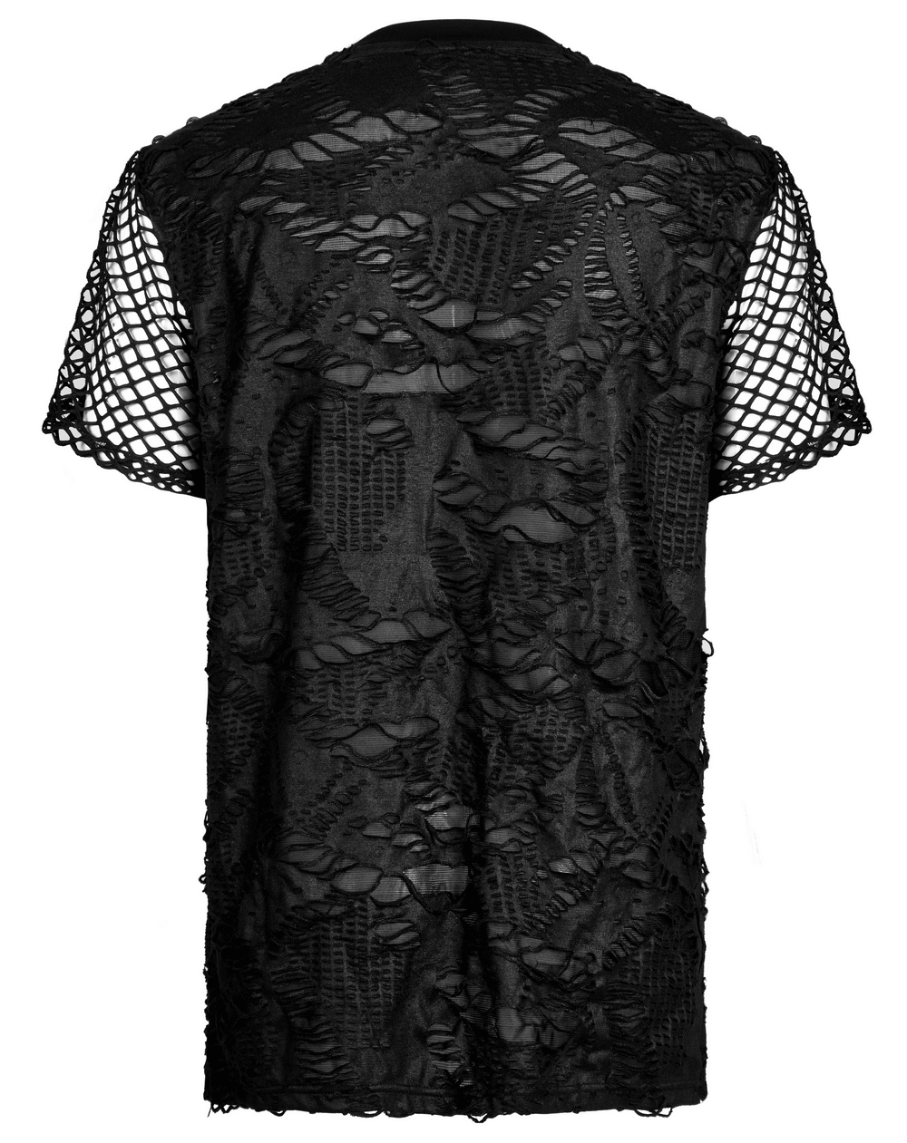 Back view of edgy black Gothic Mesh Layered Tee with unique texture and mesh overlay, perfect for urban style.