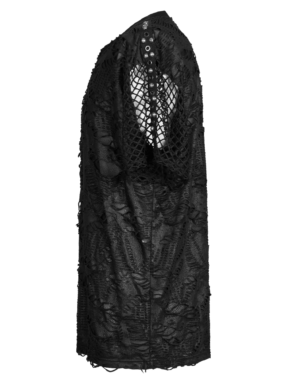 Edgy gothic mesh layered tee in black featuring unique texture and loose fit for a bold urban style.