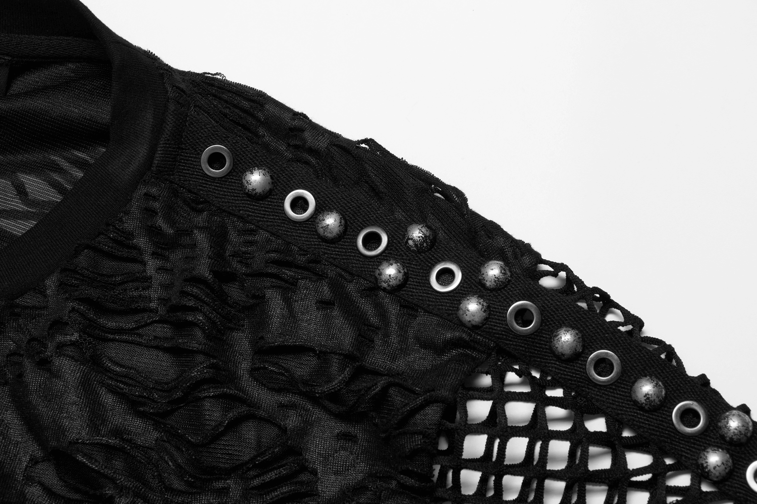 Edgy Gothic mesh layered tee with textured arm adornments and unique hole punctures for a bold urban look.