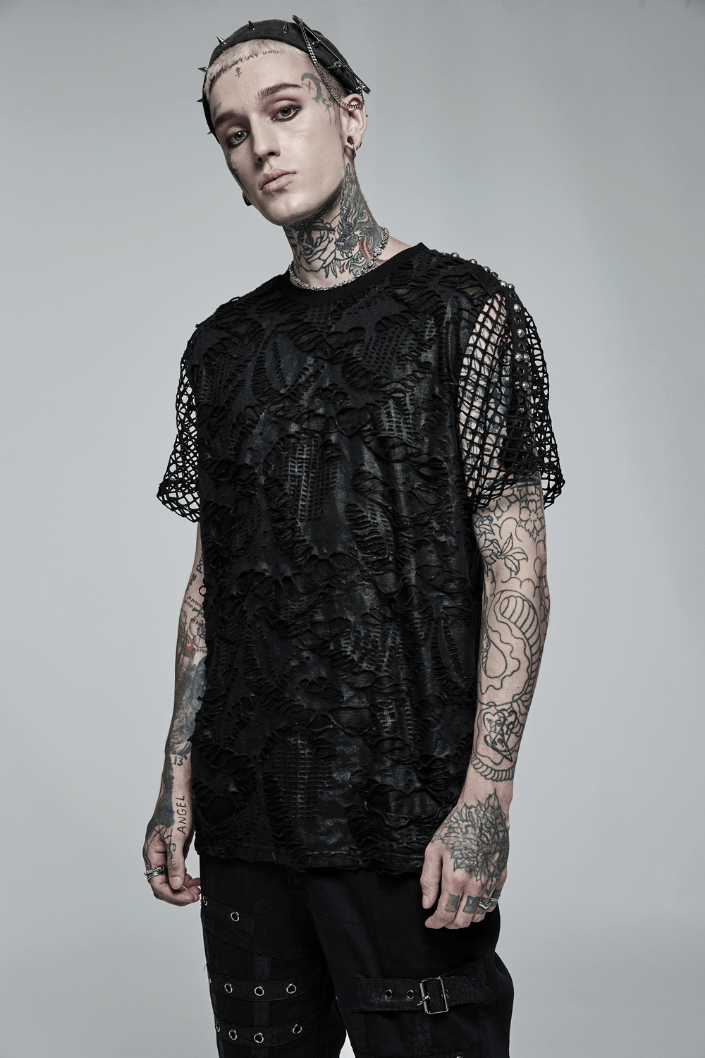 Edgy Gothic Mesh Layered Tee with textured arm adornments, perfect for urban fashion lovers.