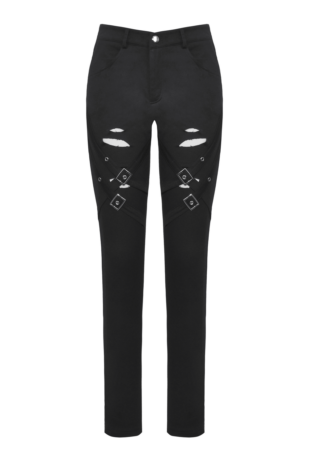 Edgy gothic ripped black pants with studded details and crisscross designs on knees, perfect for alternative fashion.