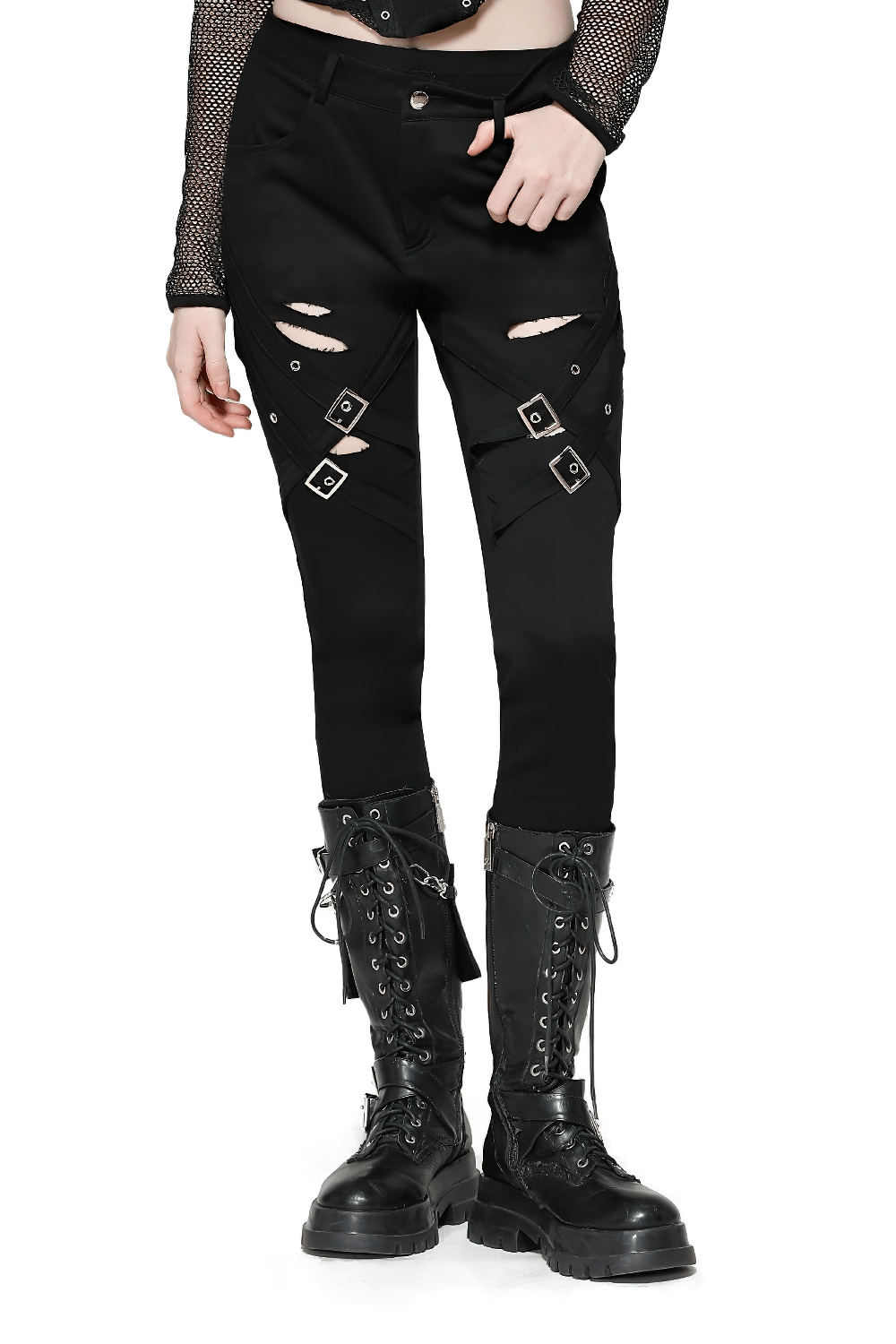 Edgy gothic ripped black pants with studded details and lace-up combat boots for a punk-inspired look.