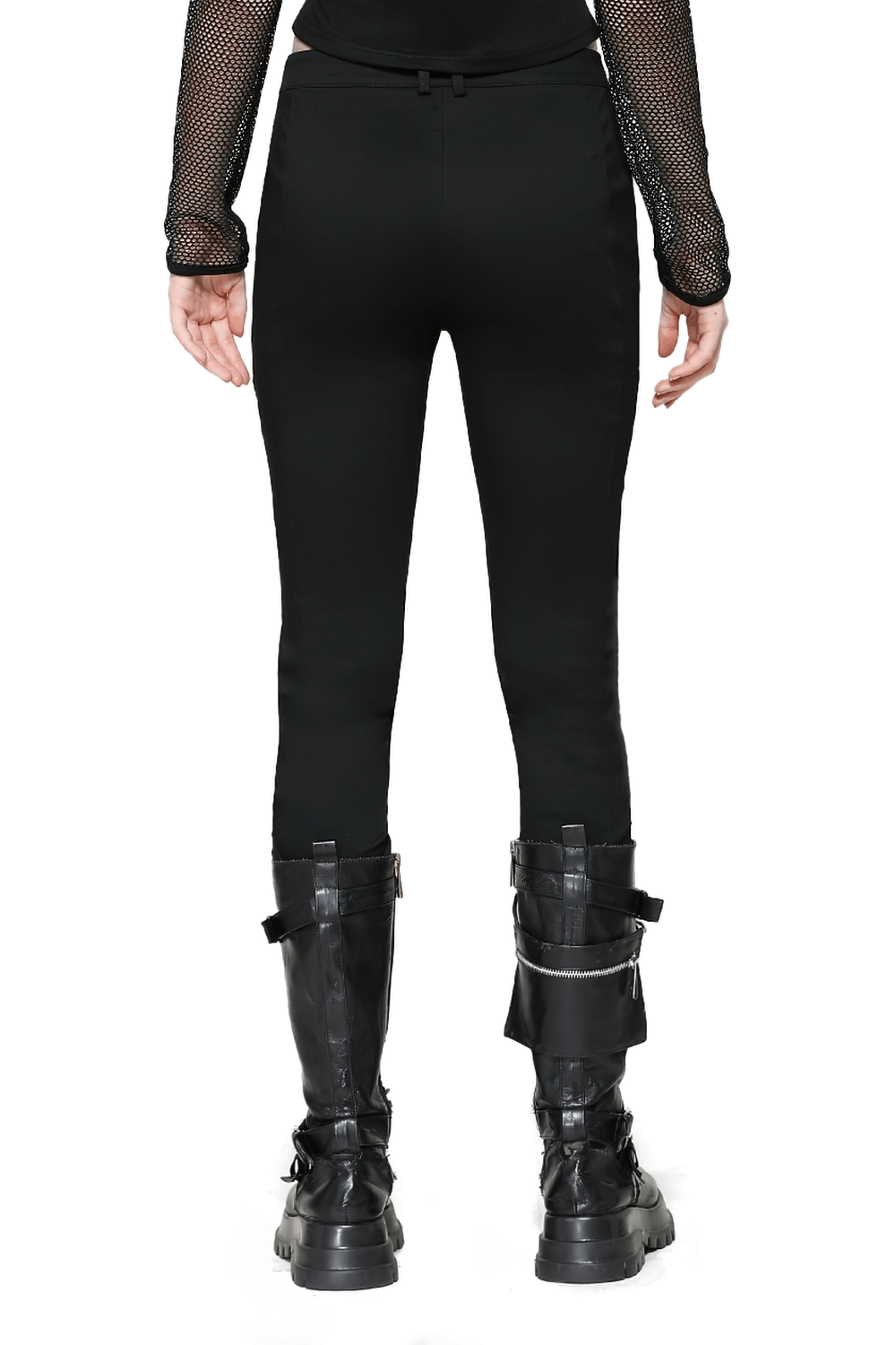 Back view of edgy gothic black pants with studded details, paired with stylish combat boots. Perfect for alternative fashion.