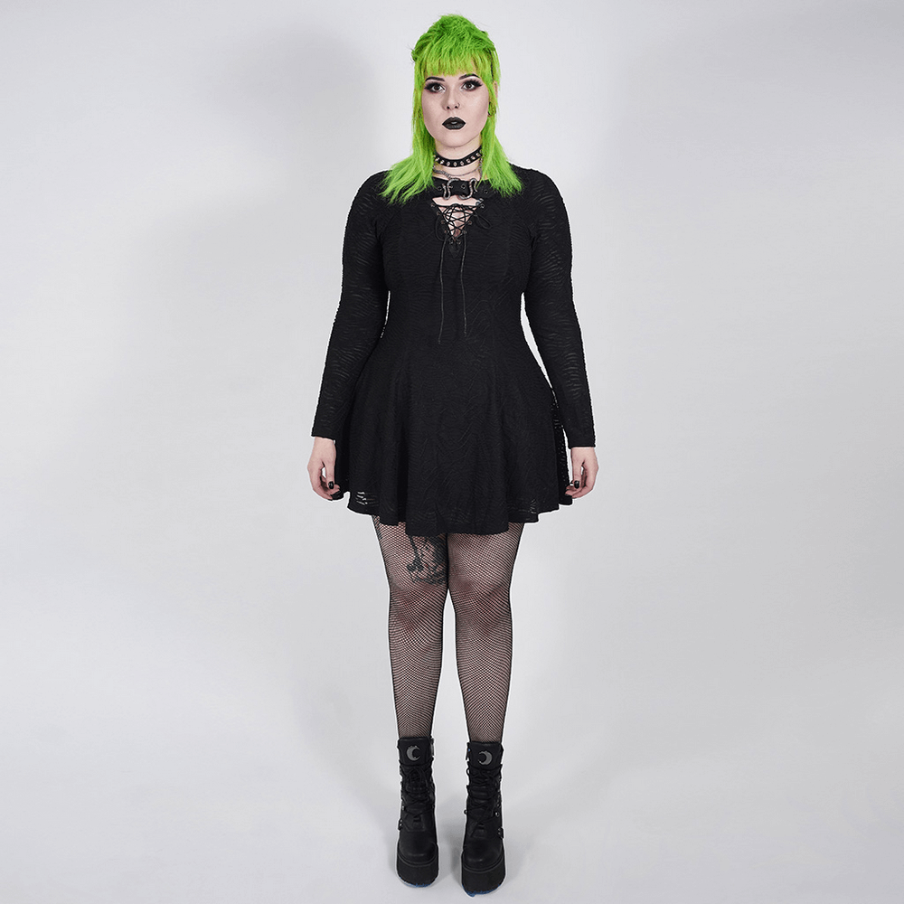 Edgy Gothic V-Neck Skater Dress with Metal Accents - HARD'N'HEAVY