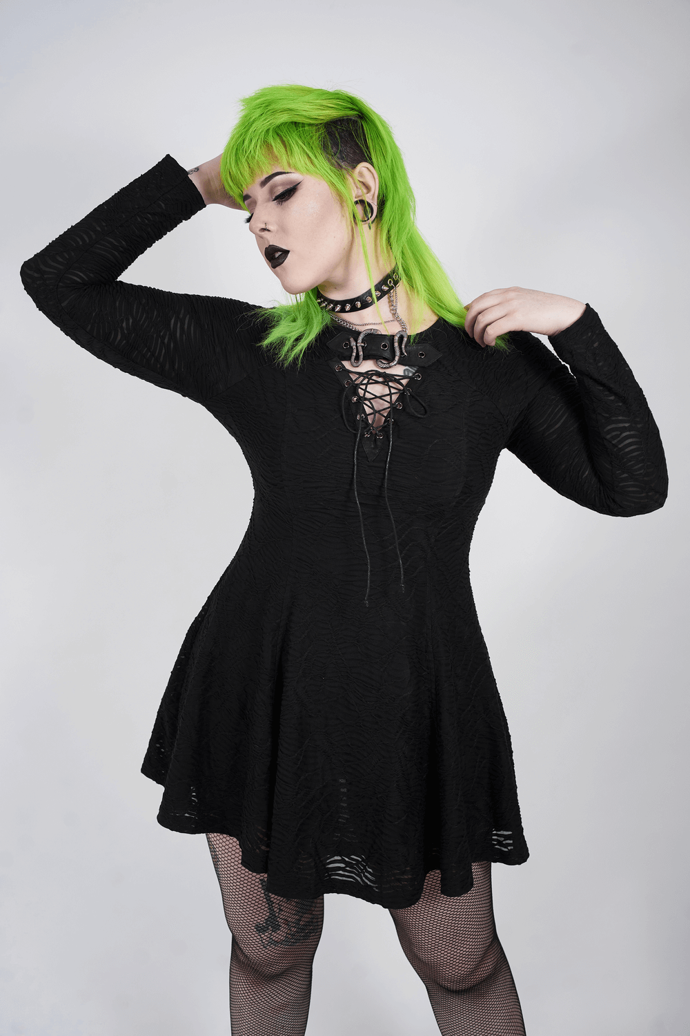 Edgy Gothic V-Neck Skater Dress with Metal Accents - HARD'N'HEAVY