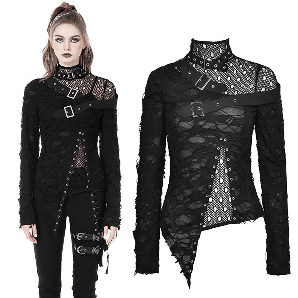 Edgy Grunge Deconstructed Mesh Sweatshirt with Buckle Accents