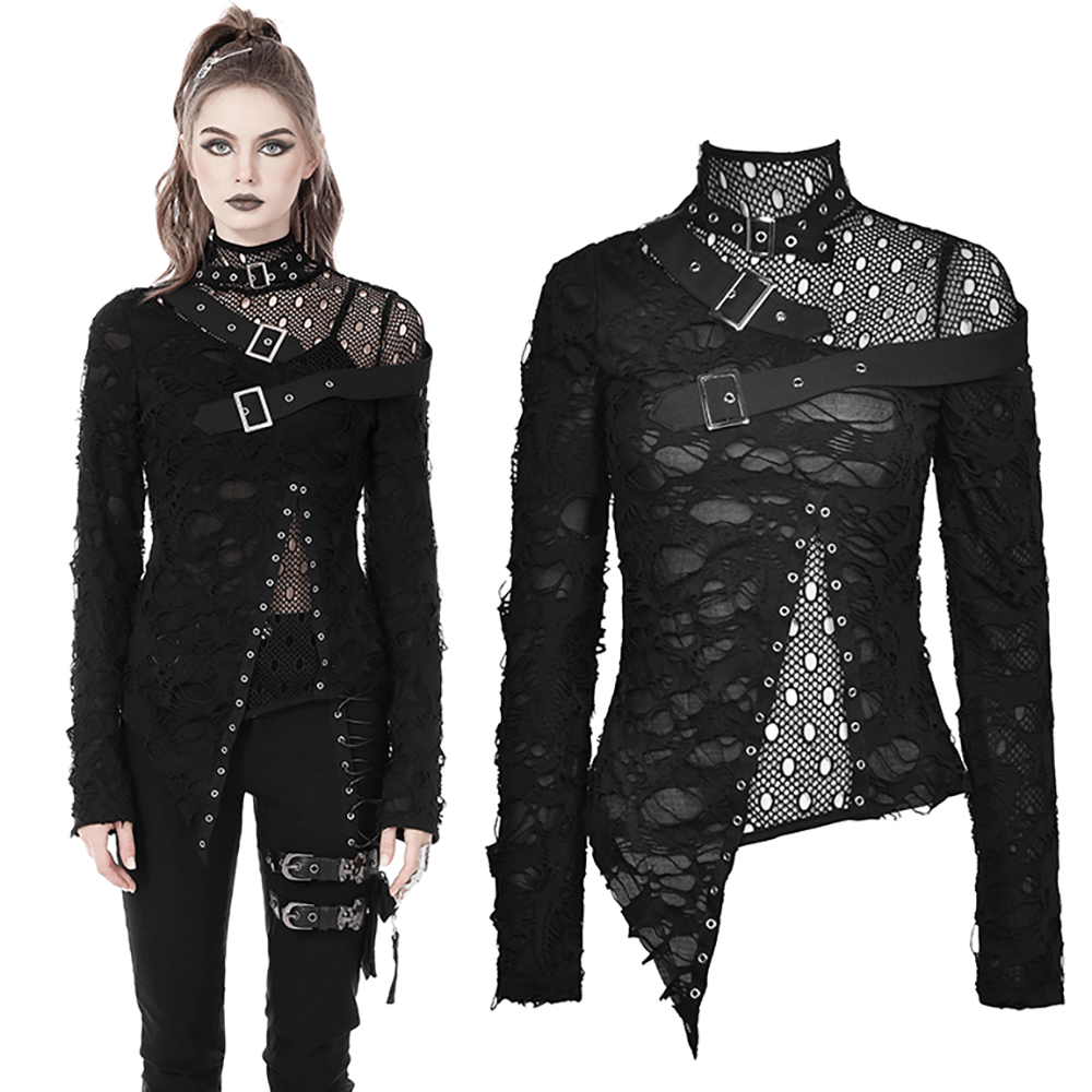 Edgy grunge deconstructed mesh sweatshirt with buckle accents, showcasing a punk rock style and sheer floral details.
