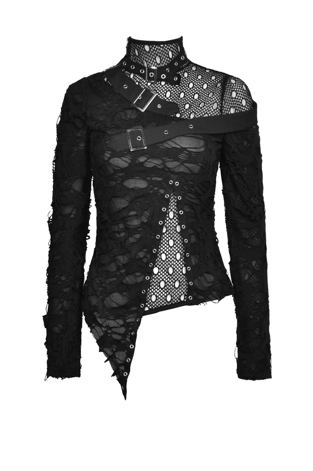 Edgy black deconstructed mesh sweatshirt with buckle accents and sheer floral overlay, perfect for a punk rock look.