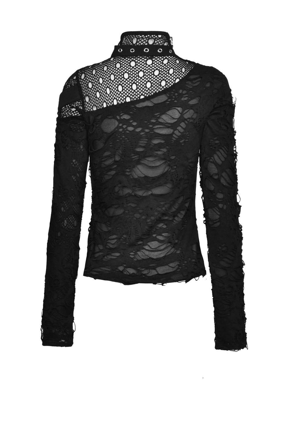 Edgy black deconstructed mesh sweatshirt with buckle accents and sheer floral overlay for a punk vibe.