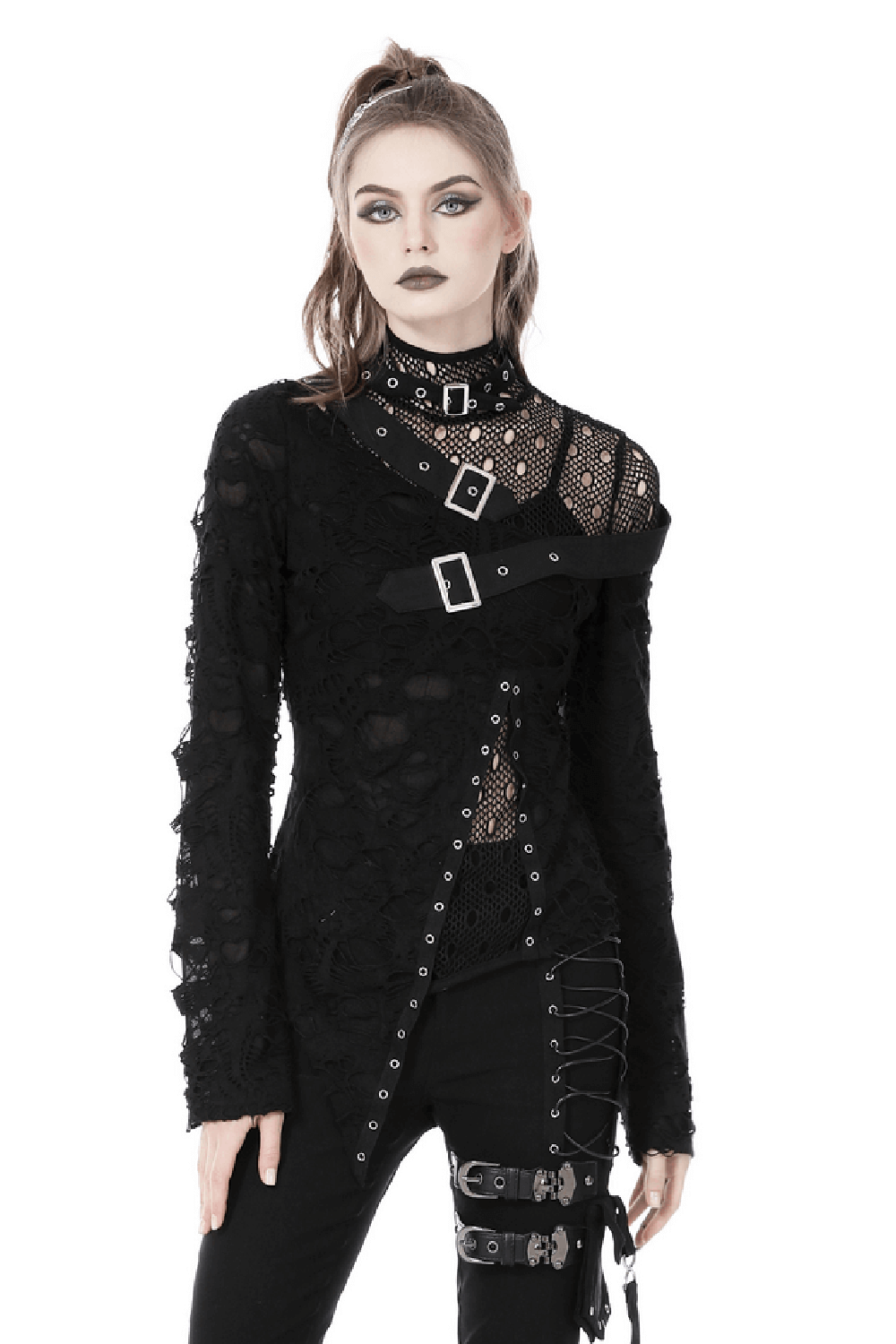 Edgy grunge sweatshirt with buckle accents and mesh overlay, perfect for rock-inspired fashion.