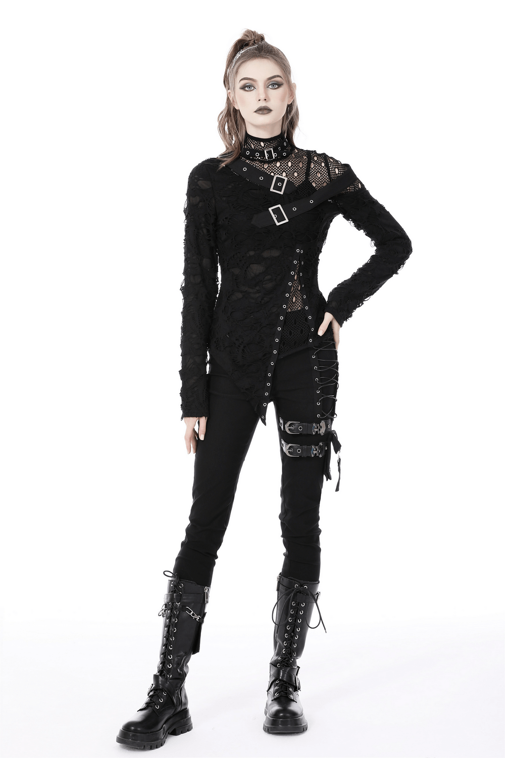 Edgy grunge mesh sweatshirt with buckle accents, perfect for rock-inspired outfits and punk fashion.