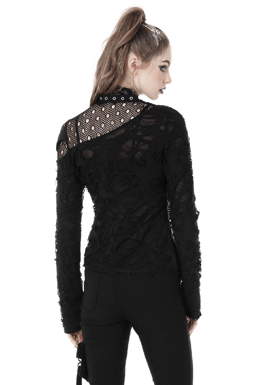 Edgy deconstructed mesh sweatshirt with buckle accents, perfect for a grunge-inspired look.