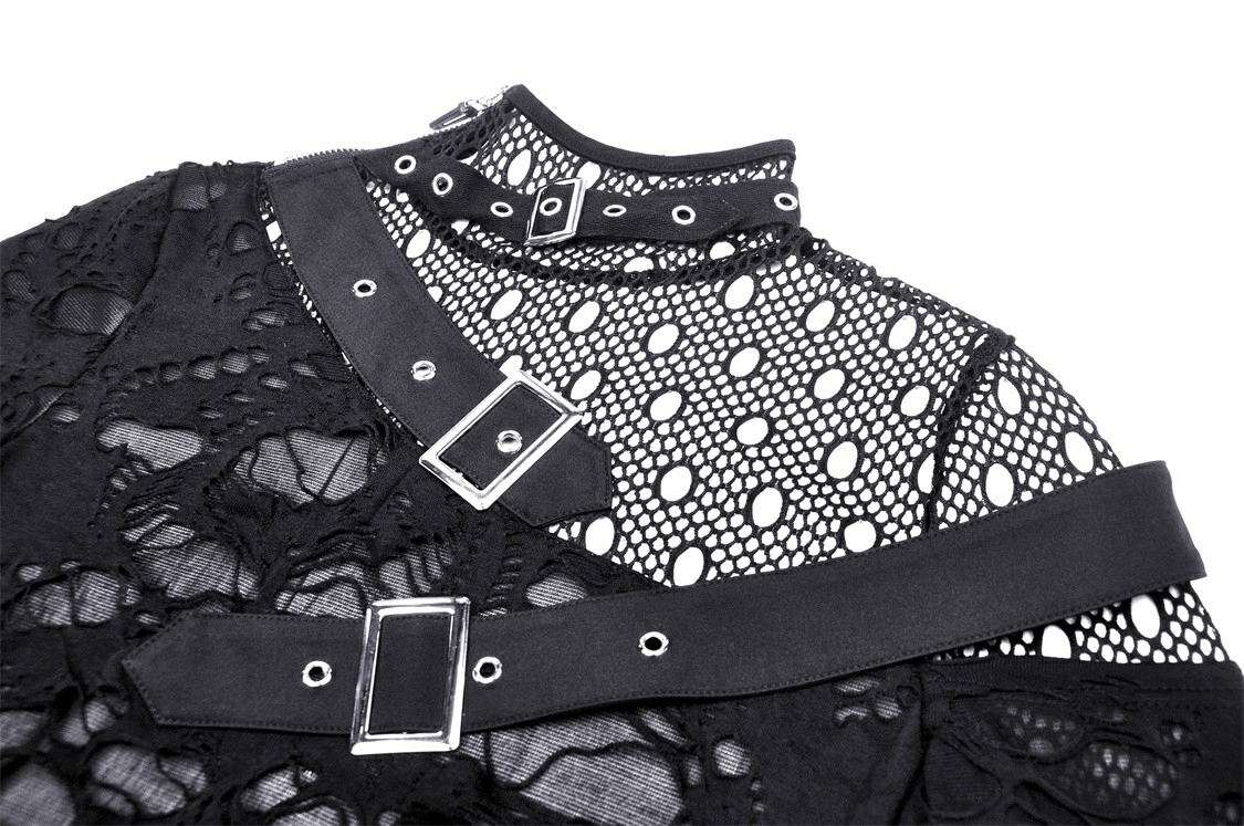 Edgy black mesh sweatshirt with floral overlay and buckle straps for a punk rock style.