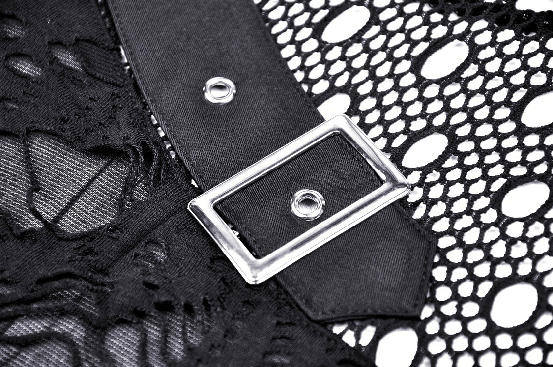 Close-up of edgy black mesh fabric with buckle accent, perfect for a grunge-inspired sweatshirt look.