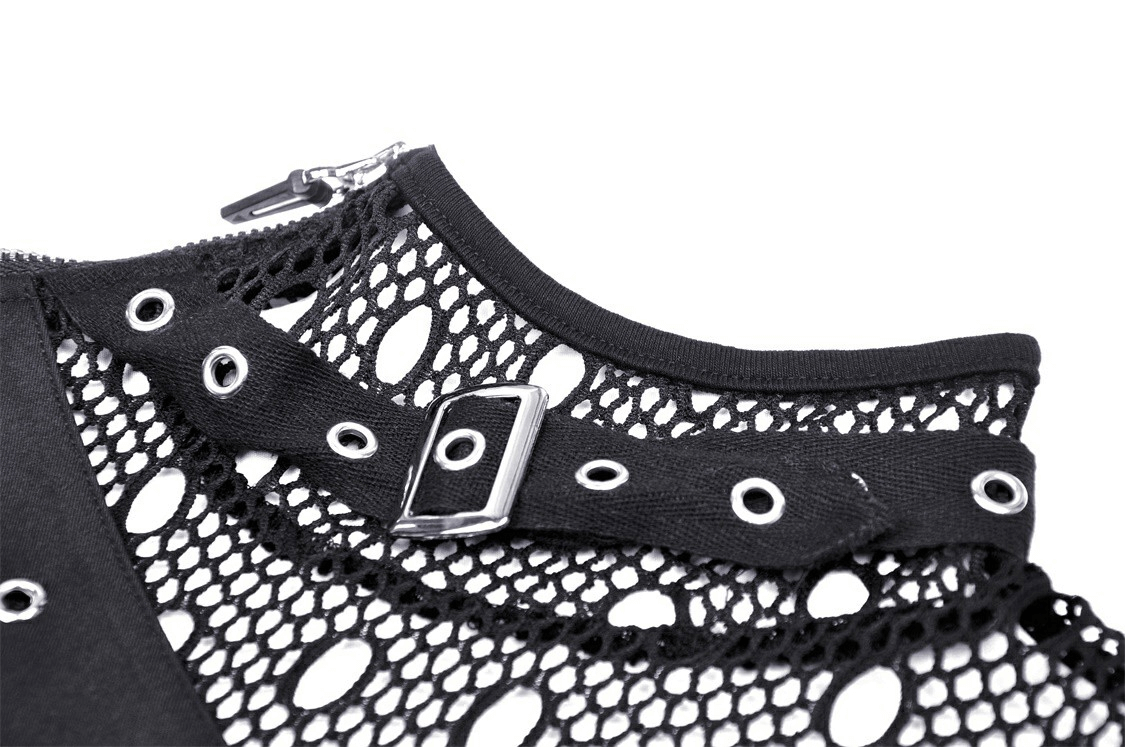 Close-up of edgy black mesh sweatshirt with buckle accents and zipper detail for a grunge style.