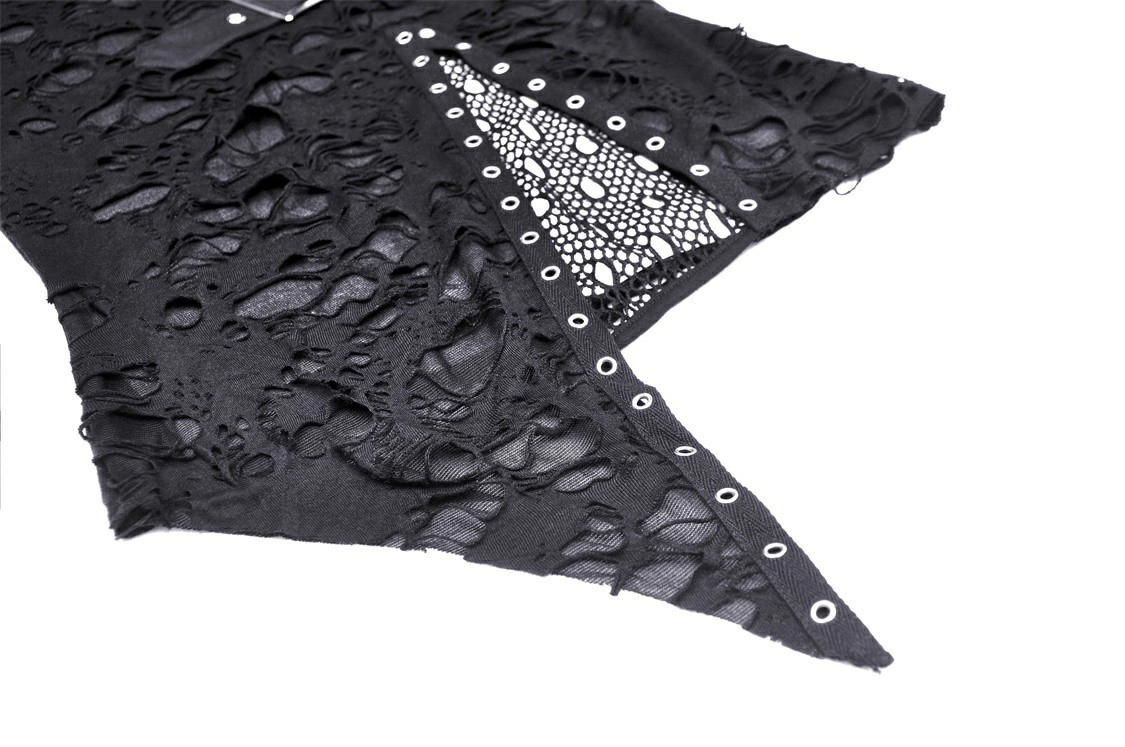 Close-up of edgy black mesh sweatshirt showcasing distressed fabric and lace accents with grommet details.
