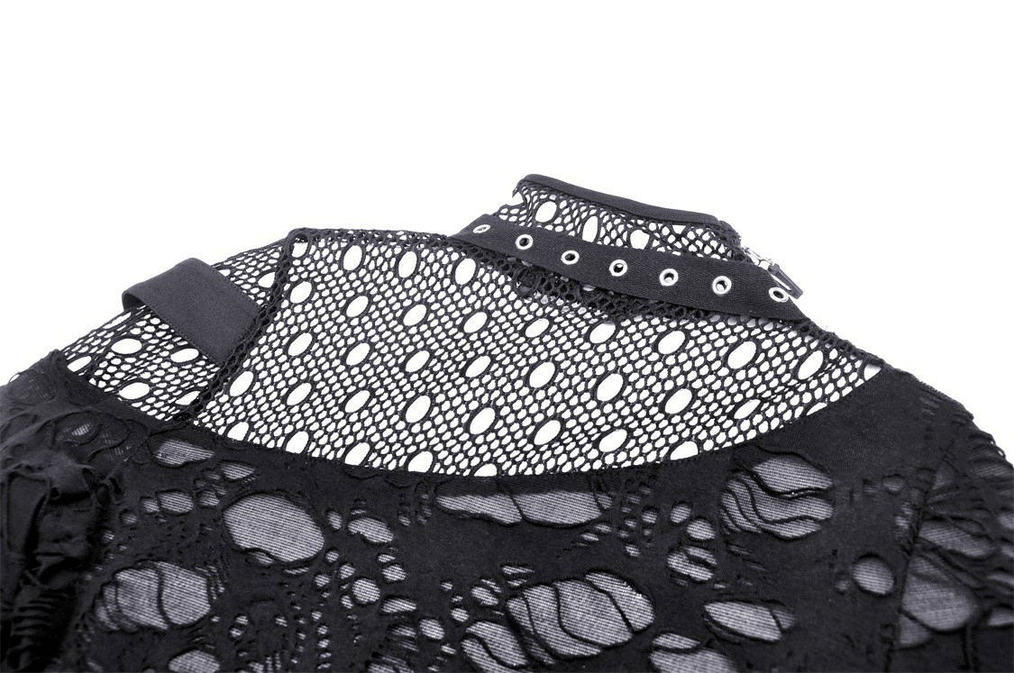 Back view of an edgy grunge deconstructed black mesh sweatshirt with buckle accents and sheer overlay.