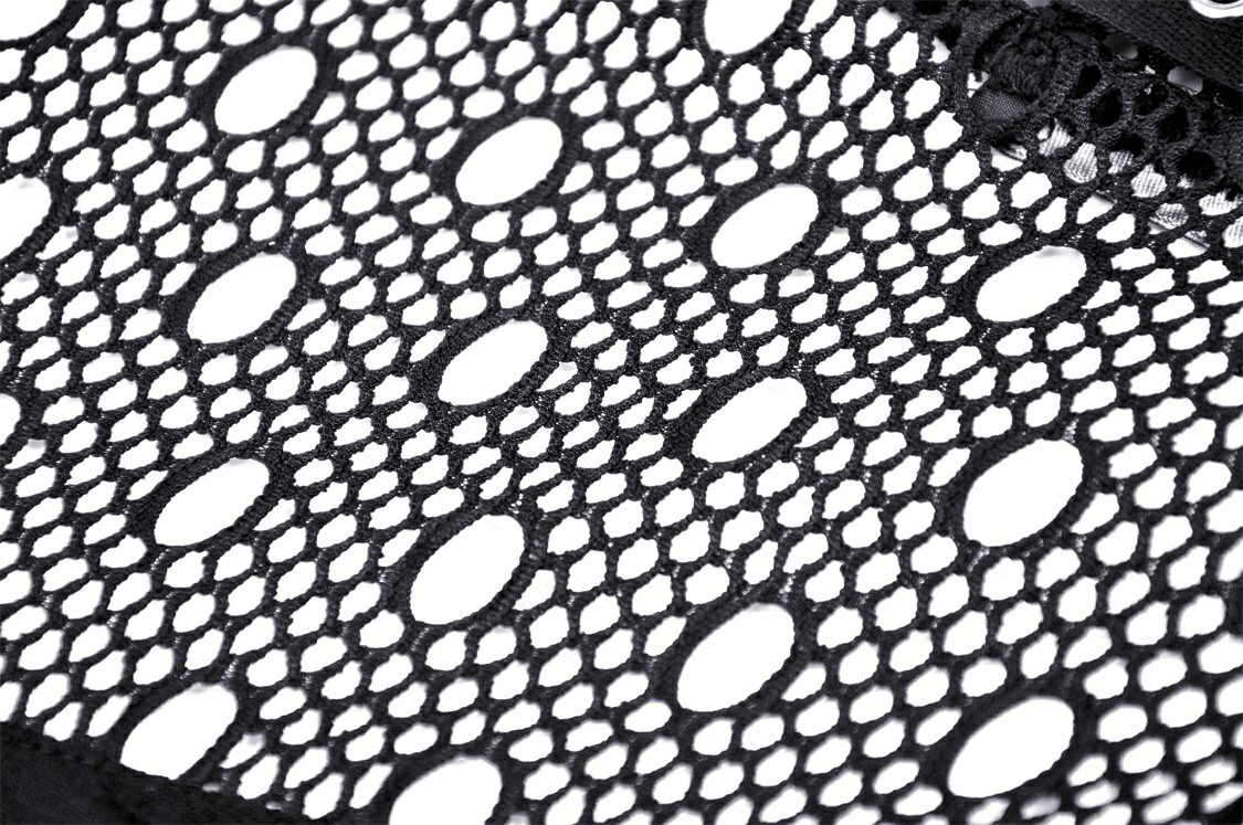 Close-up of black mesh fabric with unique oval cutouts, perfect for edgy fashion styles like grunge sweatshirts.