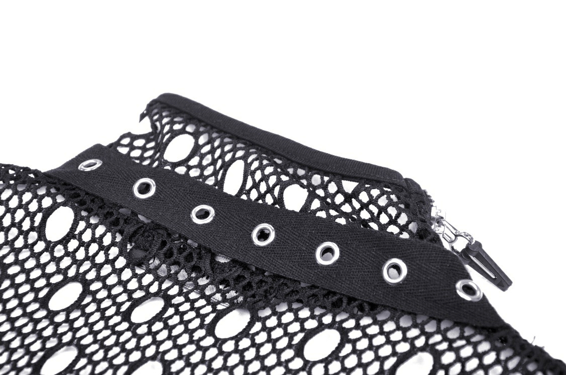 Close-up of edgy black mesh fabric with grommet accents and zipper details for a grunge sweatshirt.