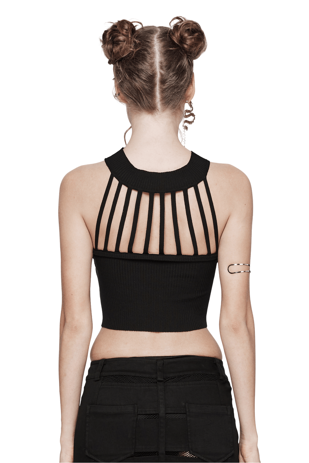 Edgy Halter Neck Knit Top with Woven Belt Detail