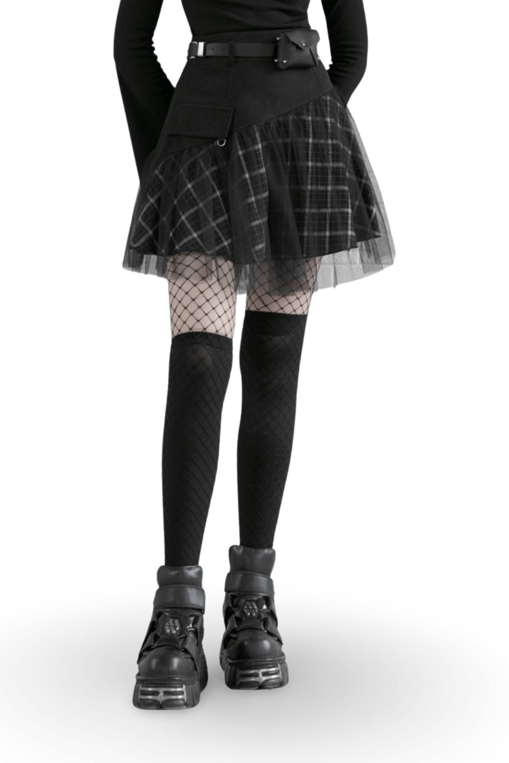 Edgy high-waist plaid and tulle punk mini skirt with fishnet tights and stylish platform boots.